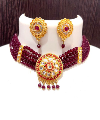 Sahira Alloy Gold-plated Maroon Jewellery Set(Pack of 1)