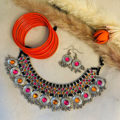 Kaima Alloy Silver Pink Jewellery Set(Pack of 1)