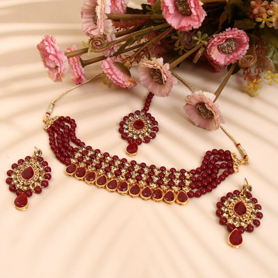 AMHRIK IMITATION Alloy Gold-plated Maroon Jewellery Set(Pack of 1)