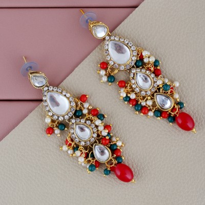 Lucky Jewellery Traditional Gold Plated Kundan Stone Red Green Earrings for Girls & Women Beads Alloy Drops & Danglers