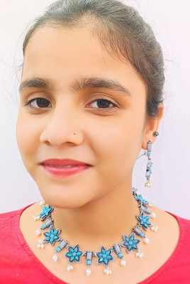 Aroras Bridal & Fashion Jewellery Brass Silver Blue Jewellery Set(Pack of 1)