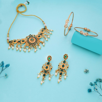 Divastri Brass Gold-plated Green Jewellery Set(Pack of 2)