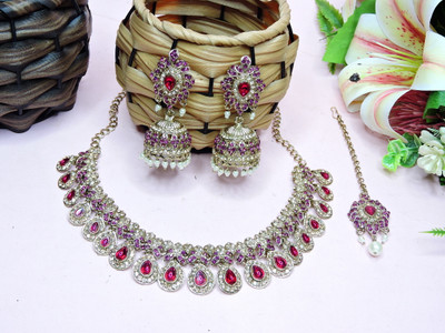 VATSALYA creation Alloy Silver Pink Jewellery Set(Pack of 1)