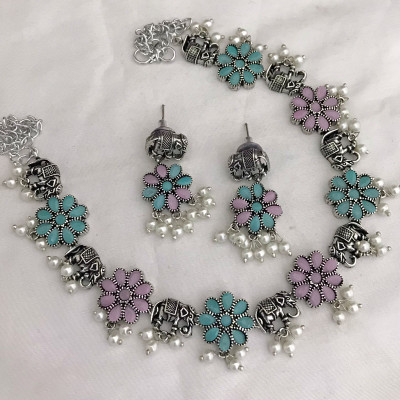 PBM CREATIONS Oxidised Silver Purple, Green Jewellery Set(Pack of 2)