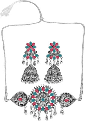 Pujvi Oxidised Silver Green, Maroon Jewellery Set(Pack of 1)