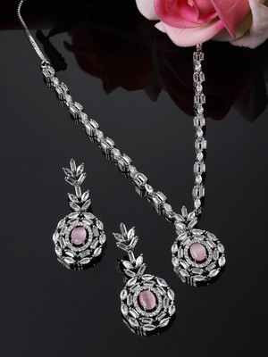 ZENEME Brass Rhodium Pink Jewellery Set(Pack of 3)