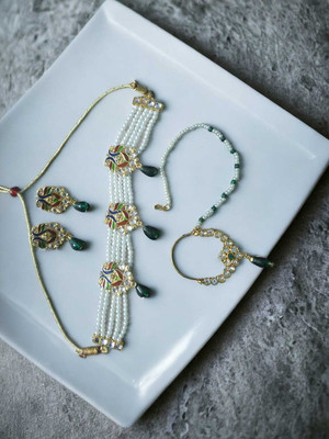 ROHIDAZ Brass Gold-plated Green, White Jewellery Set(Pack of 4)