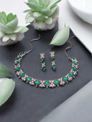 Matram Oxidised Silver Rhodium Green Jewellery Set(Pack of 1)