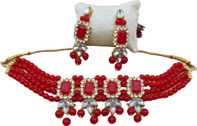 OM Creations Alloy Gold-plated Red Jewellery Set(Pack of 2)