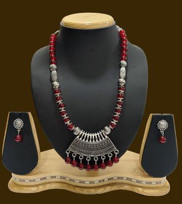Geesa Oxidised Silver Maroon Jewellery Set(Pack of 1)