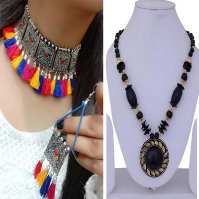 Ruhi Oxidised Silver, Dori, Alloy Multicolor, Black Jewellery Set(Pack of 2)