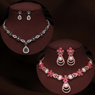 Vedda Brass Gold-plated Silver, Green, Pink Jewellery Set(Pack of 1)