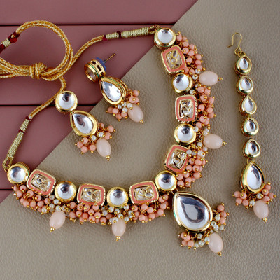 Lucky Jewellery Alloy Gold-plated Pink Jewellery Set(Pack of 4)