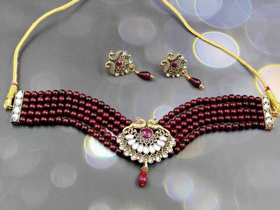 SUGHOSH Brass Gold-plated Maroon Jewellery Set(Pack of 1)