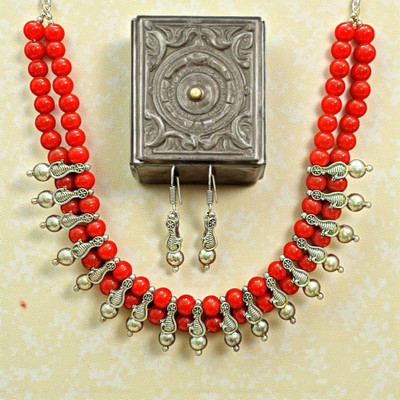 Aroras Bridal & Fashion Jewellery Brass Silver Red Jewellery Set(Pack of 1)