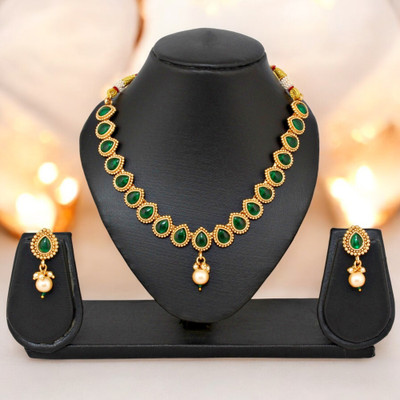 Lucky Jewellery Alloy Gold-plated Green Jewellery Set(Pack of 3)