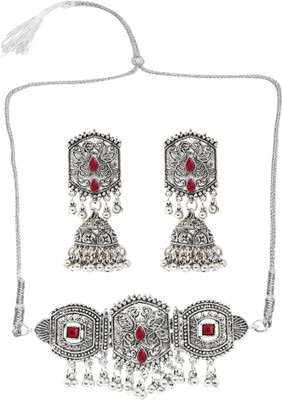 Pujvi Oxidised Silver Maroon Jewellery Set(Pack of 1)