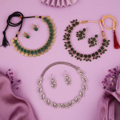 Sangria Brass Gold-plated Gold, White, Green Jewellery Set(Pack of 3)