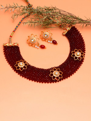 Tanusha Jewels Brass Gold-plated Maroon Jewellery Set(Pack of 2)