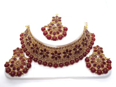 suman jewellers Alloy Gold-plated Maroon Jewellery Set(Pack of 4)