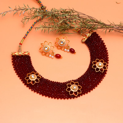 Mishaara Brass Gold-plated Maroon Jewellery Set(Pack of 3)