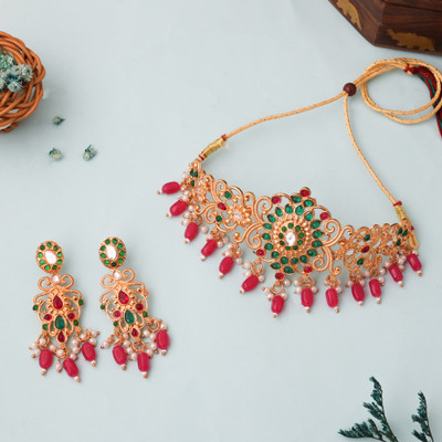 Alasca Brass Gold-plated Gold, Green, Pink, White Jewellery Set(Pack of 1)