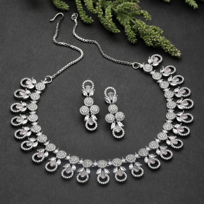 ZENEME Brass Rhodium Pink Jewellery Set(Pack of 3)