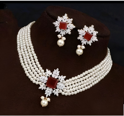 UNNATI JEWEL Brass Gold-plated White, Red Jewellery Set(Pack of 1)