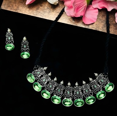 UMAR FASHION Metal, Stone, Mother of Pearl, Oxidised Silver, Dori, Zinc, Alloy Silver, Green Jewellery Set(Pack of 1)