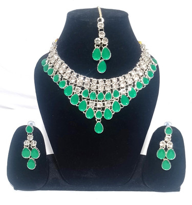 Depanu Brass Silver Green Jewellery Set(Pack of 1)