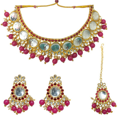 ACCESSHER Brass Gold-plated Pink Jewellery Set(Pack of 3)