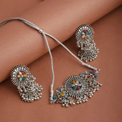 Pardha Jewels And Style Oxidised Silver Multicolor Jewellery Set(Pack of 3)