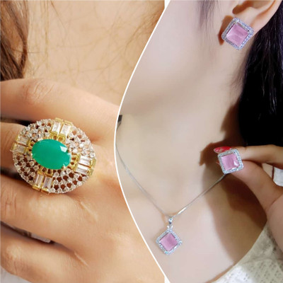 house of common Alloy Gold-plated, Sterling Silver Green, Pink Jewellery Set(Pack of 3)