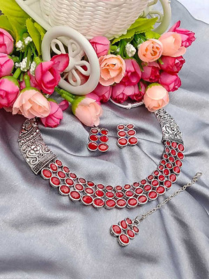 DENICRAAS Oxidised Silver Silver Red Jewellery Set(Pack of 1)