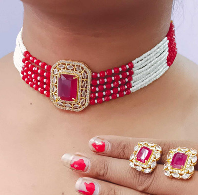 rrr Brass Gold-plated Red Jewellery Set(Pack of 1)