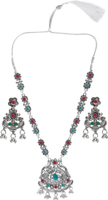 Pujvi Oxidised Silver Green, Maroon Jewellery Set(Pack of 1)