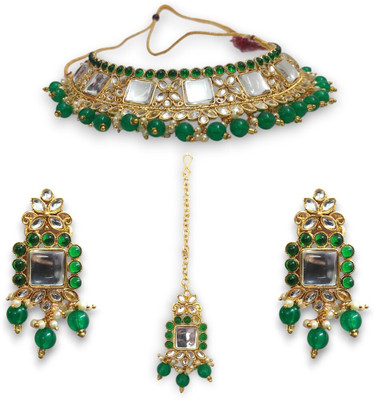 ACCESSHER Brass Gold-plated Green Jewellery Set(Pack of 3)
