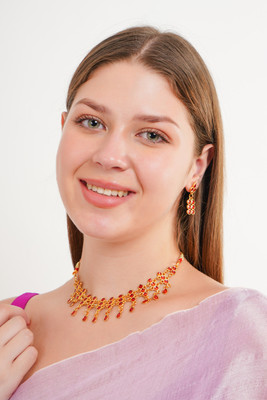 Daneen Jewellery Brass, Copper Gold-plated Red Jewellery Set(Pack of 3)