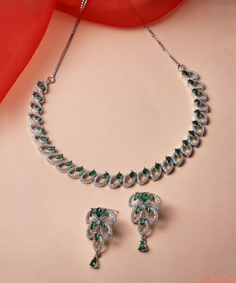 ZENEME Brass Rhodium Green Jewellery Set(Pack of 3)