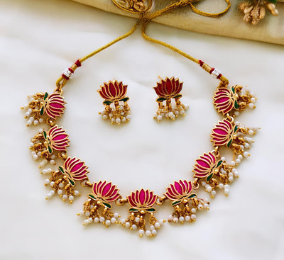 JR FASHION TRENDS Alloy Gold-plated Pink Jewellery Set(Pack of 1)