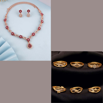 VEDDAA Brass Silver Gold, Rose Gold, Pink Jewellery Set(Pack of 7)