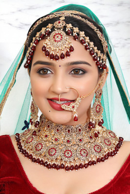 SS IMITATION JEWELLERY Alloy Gold-plated Maroon Jewellery Set(Pack of 4)