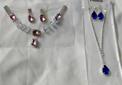 Hamza Jewels Stone Silver Blue, Pink Jewellery Set(Pack of 2)