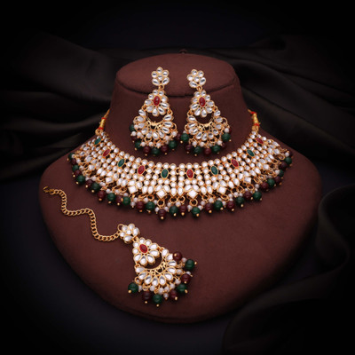 Parisal Brass Gold-plated Gold, Maroon, Green Jewellery Set(Pack of 1)