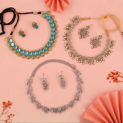 Divastri Brass Gold-plated Gold, Blue, White Jewellery Set(Pack of 3)