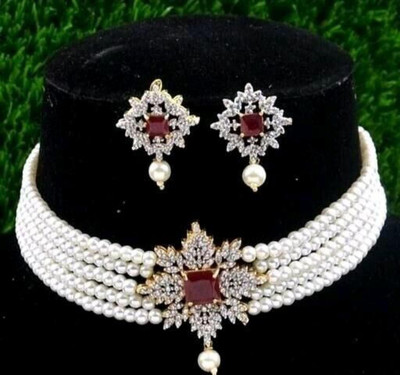 RR Jeweller Brass Gold-plated Red Jewellery Set(Pack of 1)