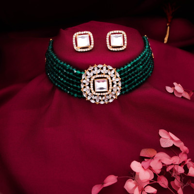 Sangria Brass, Stone, Crystal, Stainless Steel Gold-plated Gold, White, Green Jewellery Set(Pack of 1)