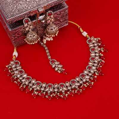 Saloni Fashion Jewellery Brass Gold-plated Red Jewellery Set(Pack of 4)