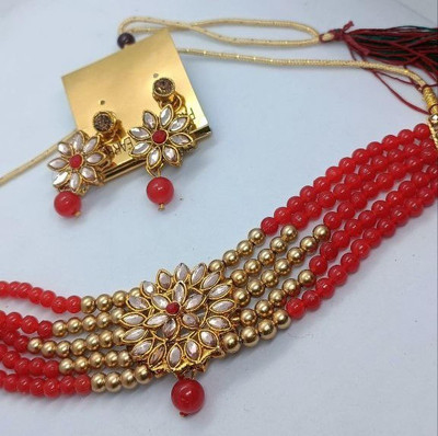 suman jewellers Alloy Gold-plated Red Jewellery Set(Pack of 2)