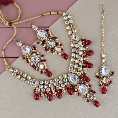 Lucky Jewellery Alloy Gold-plated Maroon Jewellery Set(Pack of 4)